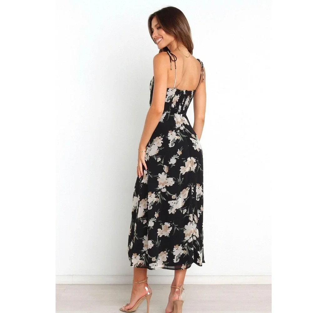 Petal‎ + Pup Womens Black Floral Sweetheart Tie Strap Midi Dress Slit US 12 NEW